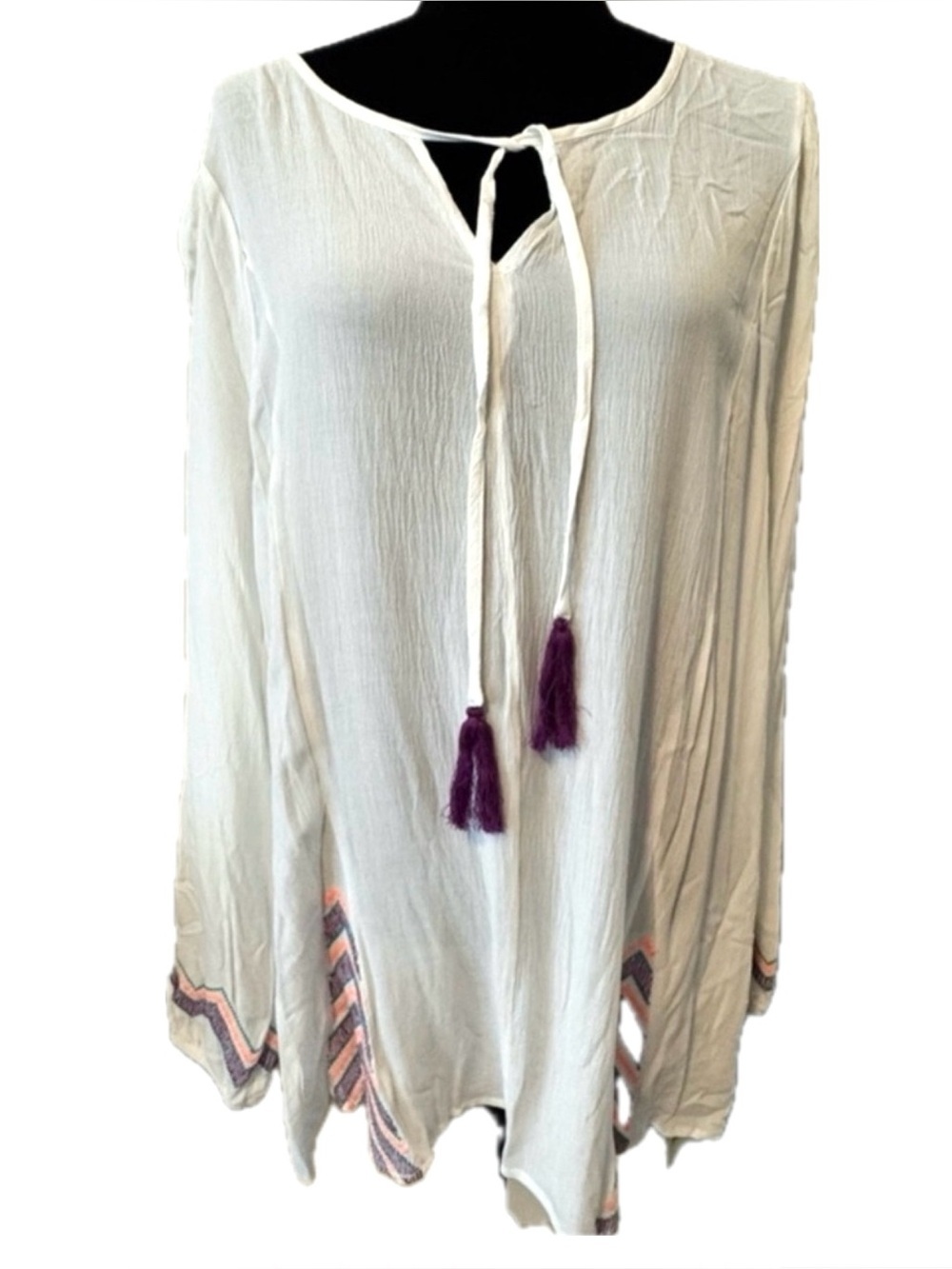 NWT Gibson Latimer Boho Embroidered Tassel Tunic Blouse XL Ivory Festival